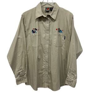 Disney Mickey Mouse‎ Unlimited Button Down Shirt Embroidered Tan Beige Cotton L